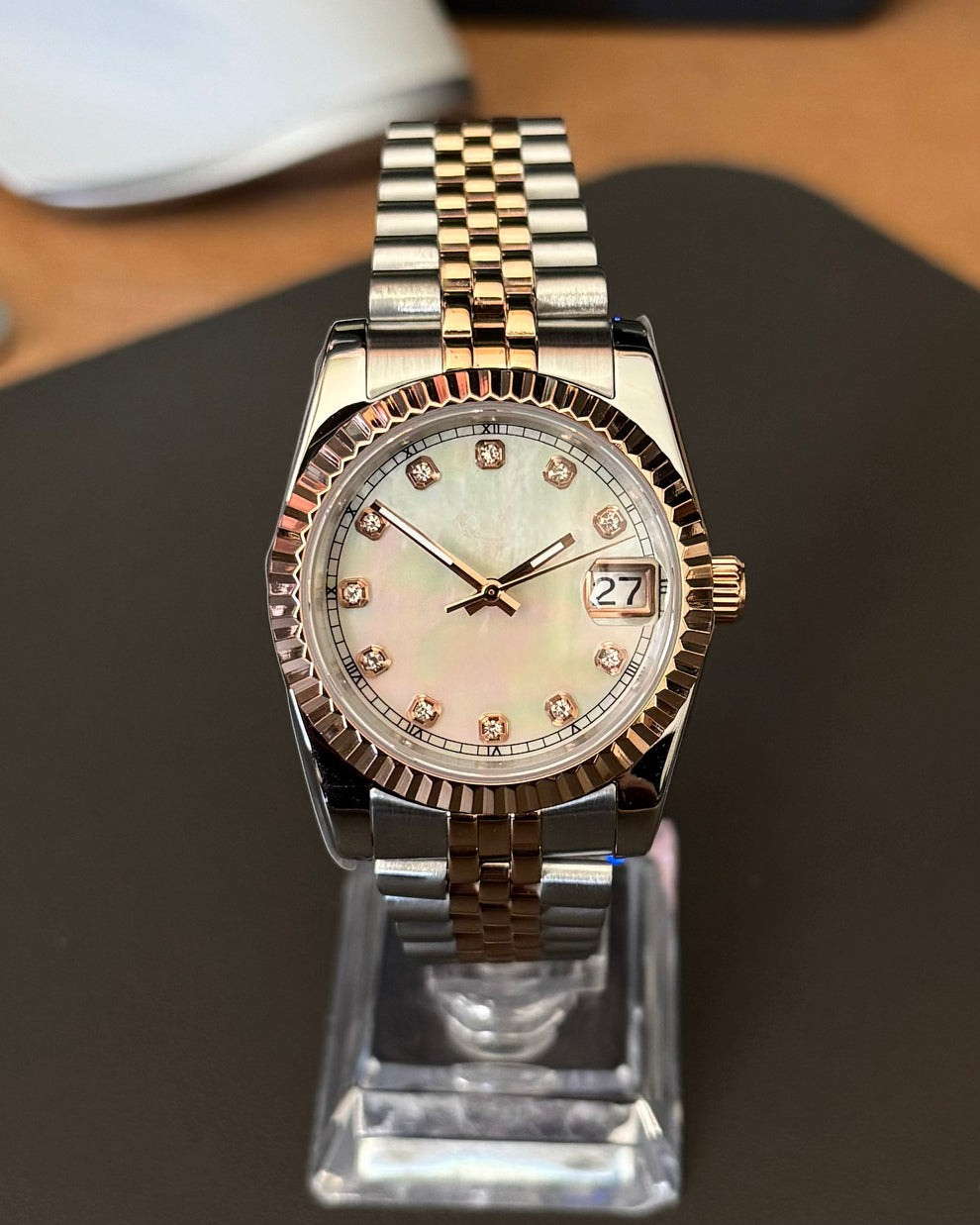 ROSEGOLD-WHITE PEARL Diamond Dial Steel Automatic