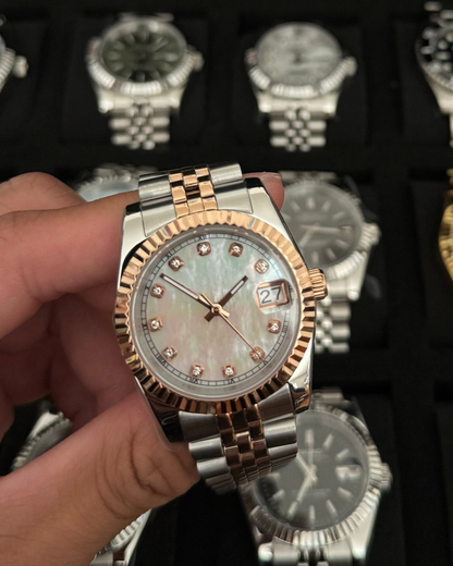 ROSEGOLD-WHITE PEARL Diamond Dial Steel Automatic